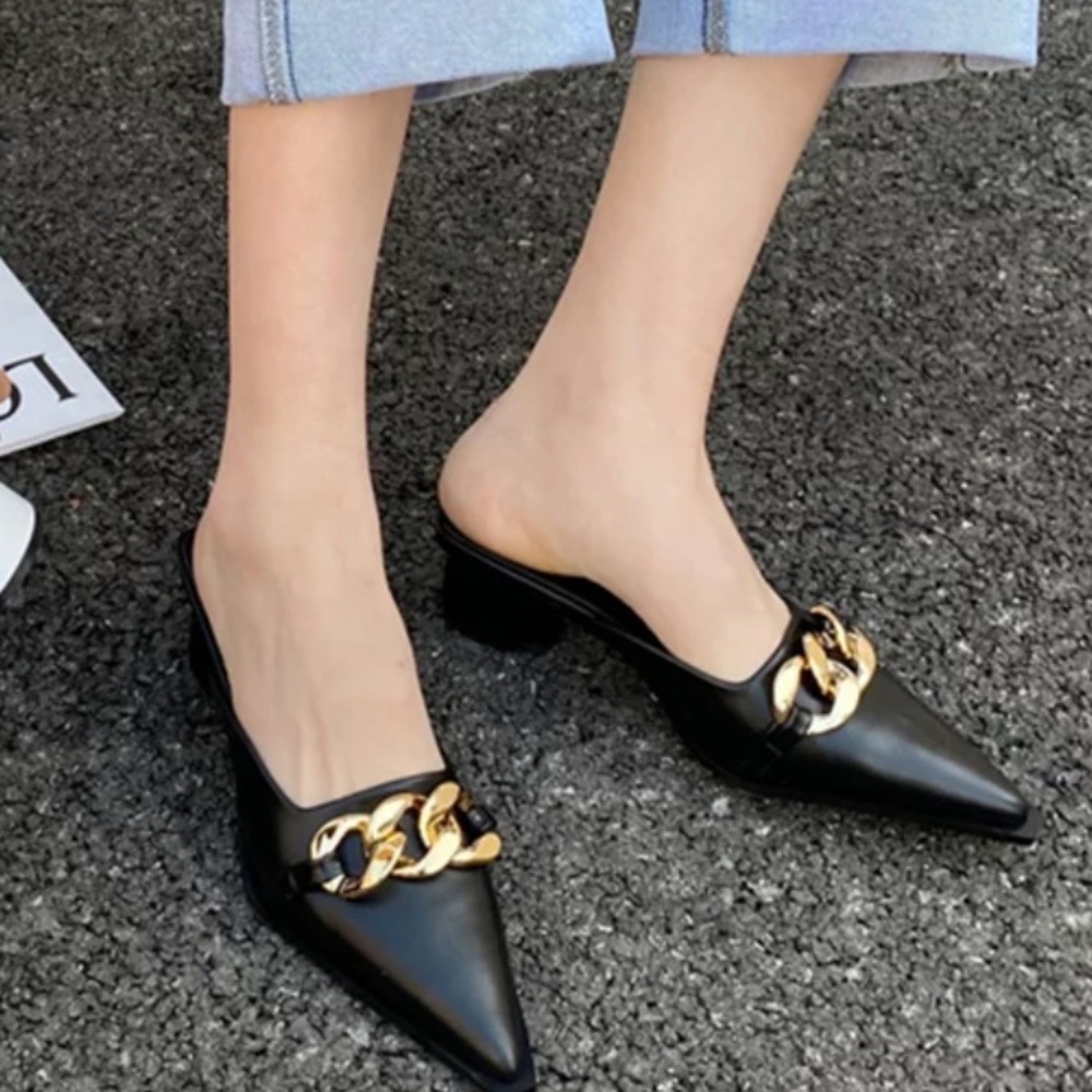 Black and Gold Slide on Pointed Toe Heels